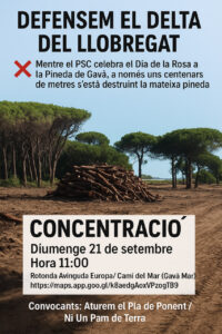DEFENSEM EL DELTA DEL LLOBREGAT
Mentre el PSC celebra el Día de la Rosa a la Pineda de Gavà, a només uns centenars de metres s'està destruint la mateixa pineda.
CONCENTRACIÓ
Diumenge 21 de setembre
Hora 11:00
Rotonda Avinguda Europa/ Camí del Mar (Gavà Mar)
https://maps.app.goo.gl/k8aedgAoxVPzogTB9
Convocants: Aturem el Pla de Ponent /
Ni Un Pam de Terra